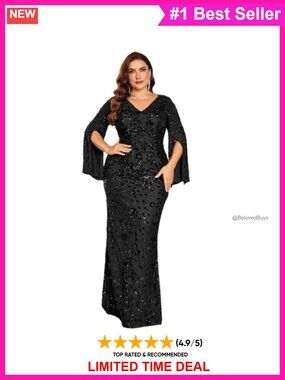 Plus Size Formal Sequin Maxi Dress with Cape Sleeve V-Neck Gown